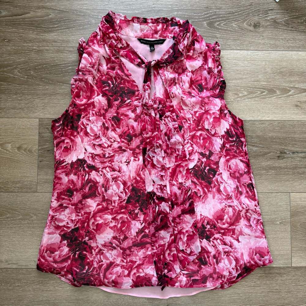 White House Black Market Floral Sleeveless Ruffle Mock Neck Tie Blouse Size M